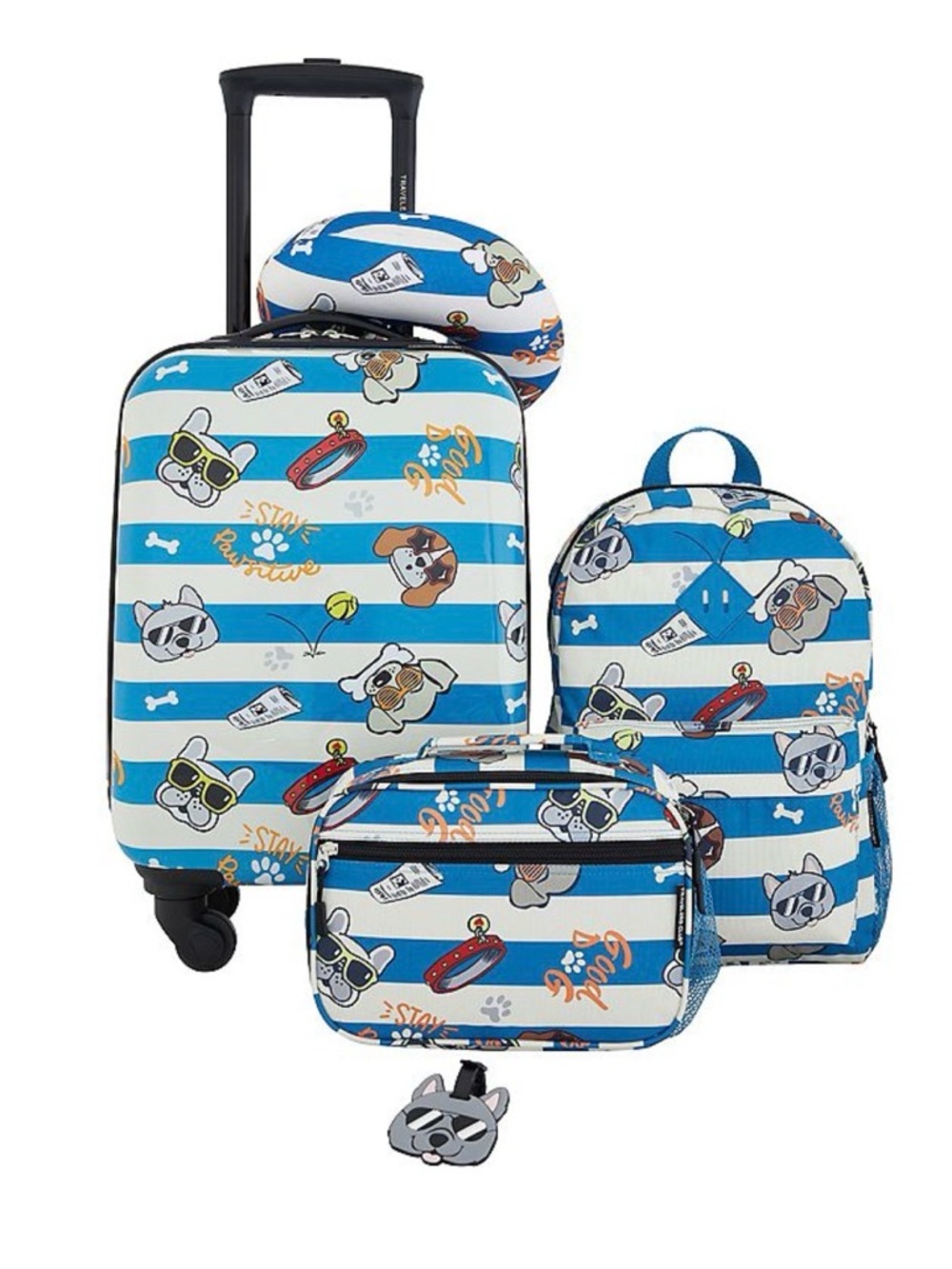 Blue & White Striped Dog Print 5 Piece Luggage Set- NIB